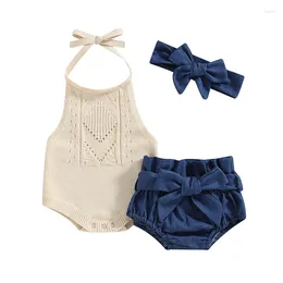 Clothing Sets 3Pcs Toddler Baby Girl Summer Outfits Halter Knit Romper Denim Shorts Headband Set Infant Spring Clothes