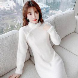 Casual Dresses Women's White Dress Female Autumn Winter Cheongsam Ladies Fashion Elegant Knitting C1683