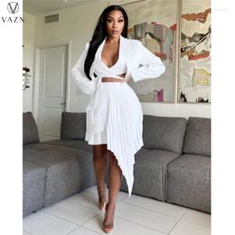 Work Dresses VAZN 2024 INS Elegant Sexy Club White Asymmetrical Full Sleeve Bandage High Waist Pleated Midi Skirts Women 2 Piece Set