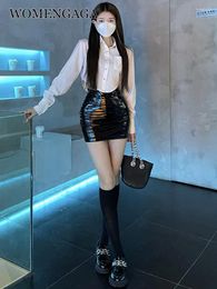 Skirts WOMENGAGA Slim Sexy Korena Women Mini Skirt Pu Leather OL Elegant Fashion 2024 Pleated Sweet Babes OM3P