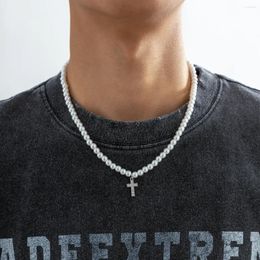 Pendant Necklaces Imitation Pearl Beads Chain With Shiny Rhinestone Cross Pendants Necklace Men Trendy White Beaded Choker On Neck 2024 Male