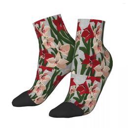 Men's Socks Red And White Amaryllis Embroidery Flowers Ankle Male Mens Women Winter Stockings Polyester