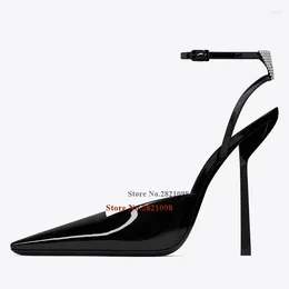 Dress Shoes Black Patent Leather Square Pointed Toe Pumps High Stiletto Heel Back Crystal Strap Pointy Woman's