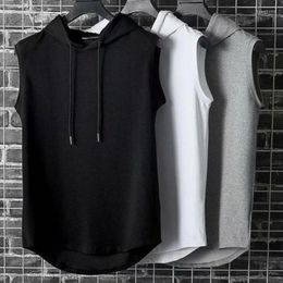 Men's Tank Tops Men Muscle Hoodie Vest Sleeveless Pure Colour All Match Loose Sweat Absorption Summer T-shirt For Gym Workout Fitness