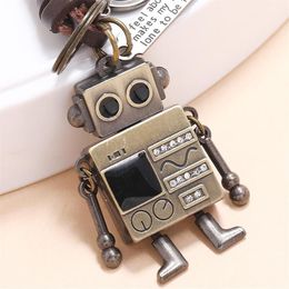 Keychains Vintage Limb Movable Robot Keychain Women Creative Metal Key Pendant Keyrings Men Hand-woven Cowhide Leather Car Chain286P