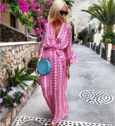 Boho Women Geometric Print Beach Dress Butterfly Sleeve Vneck Laceup Bohemian Style Clothes 2021 Casual Dresses5742405