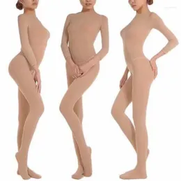 Women Socks Skin Color Dance Stockings Clothing One-Piece Sexy Padded Flesh Long Sleeve Open Without Crotch Full Body B