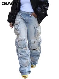 CMYAYA Women Safari Style Ripped Out Drawstring Hem Elastic Waist Multi Pocke Denim Pants INS Fashion Cargo Jeans Trousers 240201