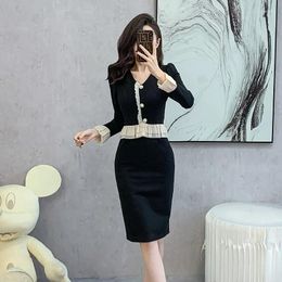 Work Dresses Autumn Top Skirt Two-piece Sets Women Korea Sweet V-neck Spliced Ruffle Slim Elegant Short Coat Wrapped Hip Suits