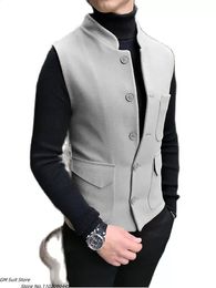 Mens Suit Vests StandUp Collar Sleeveless Formal Business Simple Work Clothes Slim Fit Waistcoat Groom Wedding Jacket 240125