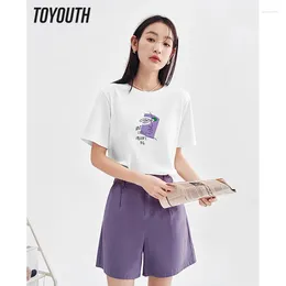 Women's T Shirts Toyouth Women T-shirt 2024 Summer Short Sleeve O Neck Loose Tees Abstract Line Printing Blue White Pure Cotton Casual Chic