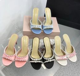 Mach Mach Satin beaded pearl Slippers Mules heels Womens slides High-heeled shoes satin stiletto sandal Slip-On Open Toe Luxury Designers Factory Footwear 9.5cm