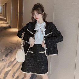 Work Dresses Fashion Korean Style Tweed Suit 2024 Autumn And Winter Ladies Cardigan Jacket Short Skirt White Shirt Three-piece