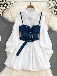 Spring Autumn Cowboy Waistcoat Shirt Dress Female Elegant Length Sleeve White Shirt Dress Vest Women's Two-piece Set GD785 240129