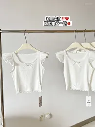 Women's T Shirts Spring Summer Chic White T-Shirt Korean Casual Tees Fashion Slim Short Sleeve Lace Crop Top Tide Clothes Sweet High Street
