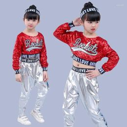 Stage Wear Red Girl Jazz Dance Children Sequin Hip Hop Costume Sparkly Costumes Suit Girls Crop Top And Pants