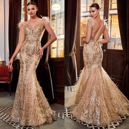 Modern Evening Dresses Sequins Feather Mermaid Prom Gowns Backless V Neck Sleeveless Custom Made Formal Party Dresses Plus Size