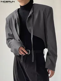 Men's Suits INCERUN Men Irregular Blazer Solid Colour Lace Up Long Sleeve Open Stitch Streetwear Crop 2024 Fashion Thin Coats S-5XL