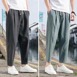 Men's Pants Men Summer Solid Colour Straight Loose Elastic Waist Pockets Daily Wear Soft Ankle Length Plus Size Trousers Clothe