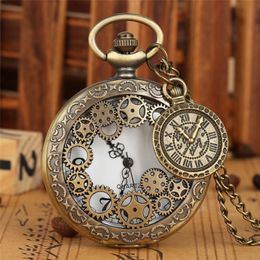 Vintage Bronze Hollow Out Gear Case Unisex Quartz Pocket Watch Antique Analogue Clock Necklace Chain for Men Women Gift314H