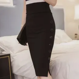 Skirts Oversized Fashion Women Work Midi Skirt OL Sexy Open Slit Button Slim Pencil Elegant Office Ladies Red Black P460