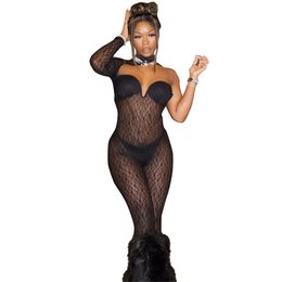 2024 Designer Mesh Jumpsuits Women Hollow Out One Sleeve Rompers Spring Sexy Sheer Overalls See Through Leggings Night Club Wear Wholesale Clothes 10652
