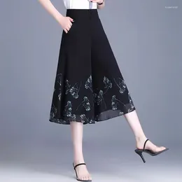 Women's Pants Women Clothing 2024 Simplicity Printing Chiffon Elastic Waist Wide Leg Summer Office Lady Buttons Cropped Trousers