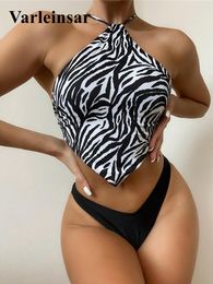 Women's Swimwear Zebra Printed Backless Halter Bikini Female Swimsuit Women Two-piece Set High Cut Bather Bathing Suit Swim V3202