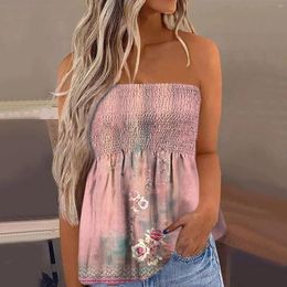 Women's Tanks Vintage Sleeveless Tube Top Women Floral Printed Strapless Pleated Tank Tops Summer Y2k Streetwear Elegant Off Shoulder