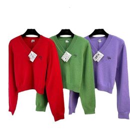 Loewee Designer Sweater Top Quality Women's Sweaters Early Spring Temperament Slimming Embroidery Contrasting Colour Patchwork V-neck Pullover Cashmere For Women