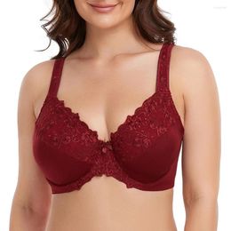 Bras Wine Red Lace Embroidery Plus Size For Women Sexy Underwired Thin Bra Big Cup Full C D E F G H I J