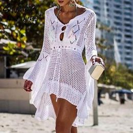 Sarongs Fashion Knitted Tunic Dress Women White Swimsuit Covre-ups Hollow Out Beach Cover Up Skirt Summer 2021 Sarong De Plage1210x