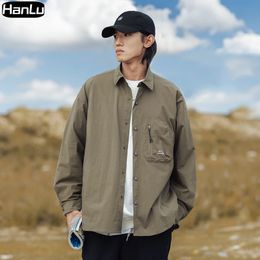 Men's Zipper Pocket Waterproof Long Sleeve Shirt Men's Polo Collar Outdoor Style Japanese and Korean Fashion Casual Coat 240119