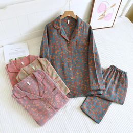 Women's Sleepwear Vintage Yarn-dyed Cotton 2PCS Print Pyjamas Suit Womens 2024 Spring Autumn Nightwear Turn Down Collar Set