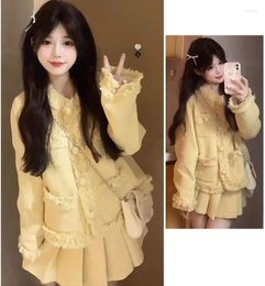 Work Dresses Sweet College Round Neck Jacket Pleated Skirt Two-piece Set Women Fashion Tassel Splice Milk Purity Korean Solid Autumn Lady
