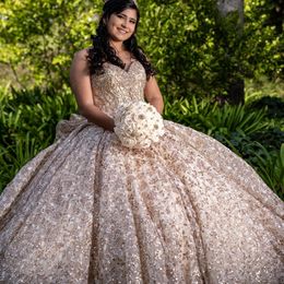 Champagne Gold Sparkly Crystal Appliques Bow Quinceanera Dresses Ball Gown Off The Shoulder Beading Sweet Vestidos De 15 Girls