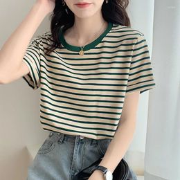 Women's T Shirts Fashion 2024 Women Tops Stripe Splice Spring Summer Loose T- Shirt Female Clothing Sexy Crop Top Clothes Casual Blouse Y2k