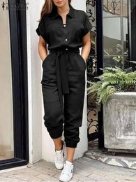 ZANZEA Women Overall Summer Fashion Cargo Jumpsuits Lapel Short Sleeve Rompers Elegant Lady Playsuits Vintage Work Pants Belted 240129