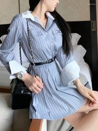 Work Dresses Casual Long Sleeve Top And Pleated Skirt Women 2 Piece Sets Turndown Collar Stripe Loose Blouses Mini Skirts Two Peice