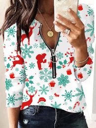 Women's Blouses Merry Christmas Girl Print Long Sleeve Clothes Women V Neck Spring Summer Slim Tops Chic Female Party Zipper Patchwork