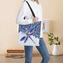 Shopping Bags Boho Style Women's Totes Canvas Bag Blue Bohemian Dragonfly Design Casual Portable Girls Handbags Schoolbags Storage