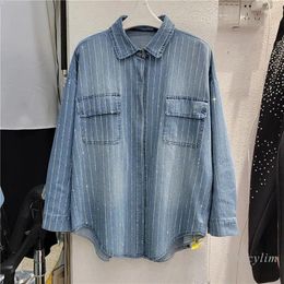 Women's Blouses European Fashion Striped Colorful Crystal Rhinestone Denim Shirt For Women 2024 Spring Loose All-Matching Long Sleeve Top