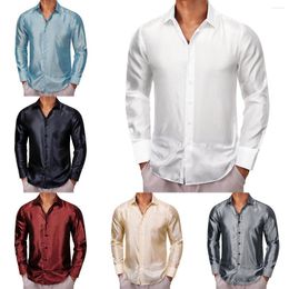 Men's Casual Shirts Silk Satin For Men Black White Red Blue Silver Gold Beige Solid Plain Long Sleeve Slim Fit Male Blouses Tops Barry Wang