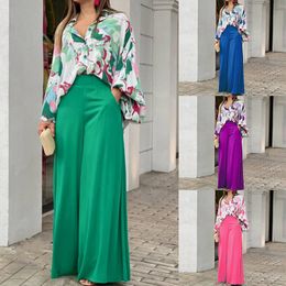 New Arrival South American Women's Printed Casual Two-piece Set featuring a Loose Plus Size Turn-down Collar Shirt and High Waist Wide Leg Pants