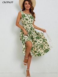 Casual Dresses Elegant Floral Midi For Women Summer Sleeveless Ruffle Holiday Beach Dress Fashion Green In 2024