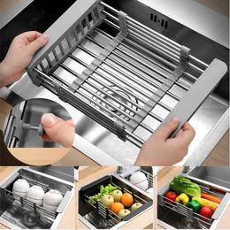 Adjustable Dish Drainer Stainless Steel Sink Drain Rack Fruit Vegetable Retractable Kitchen Organiser Basket Storage Tableware 240125