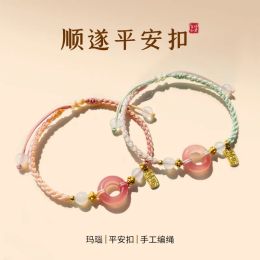 Bangles Couple's HandString Safe Handmade Braided Hand Rope Stretchable Natural Pink Agate Bracelet Girlfriend's Birthday Gift