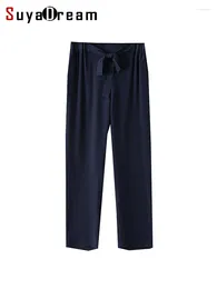 Women's Pants SuyaDream Womans Harem Silk Crepe De Chine Elastic Waist Ankle-length Chic Trousers 2024 Spring Summer Bottoms Navy