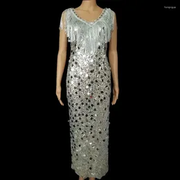 Stage Wear Bar Nightclub Silver Sequins Tassel Long Dress For Singer Dancer Performance Costume Club Party Show