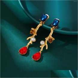 Clip-On & Screw Back Backs Earrings European And American Exaggerated Fashion Color Crystal Coral Long Tassel Pearl Drop Ear Clip Dro Dhdkb